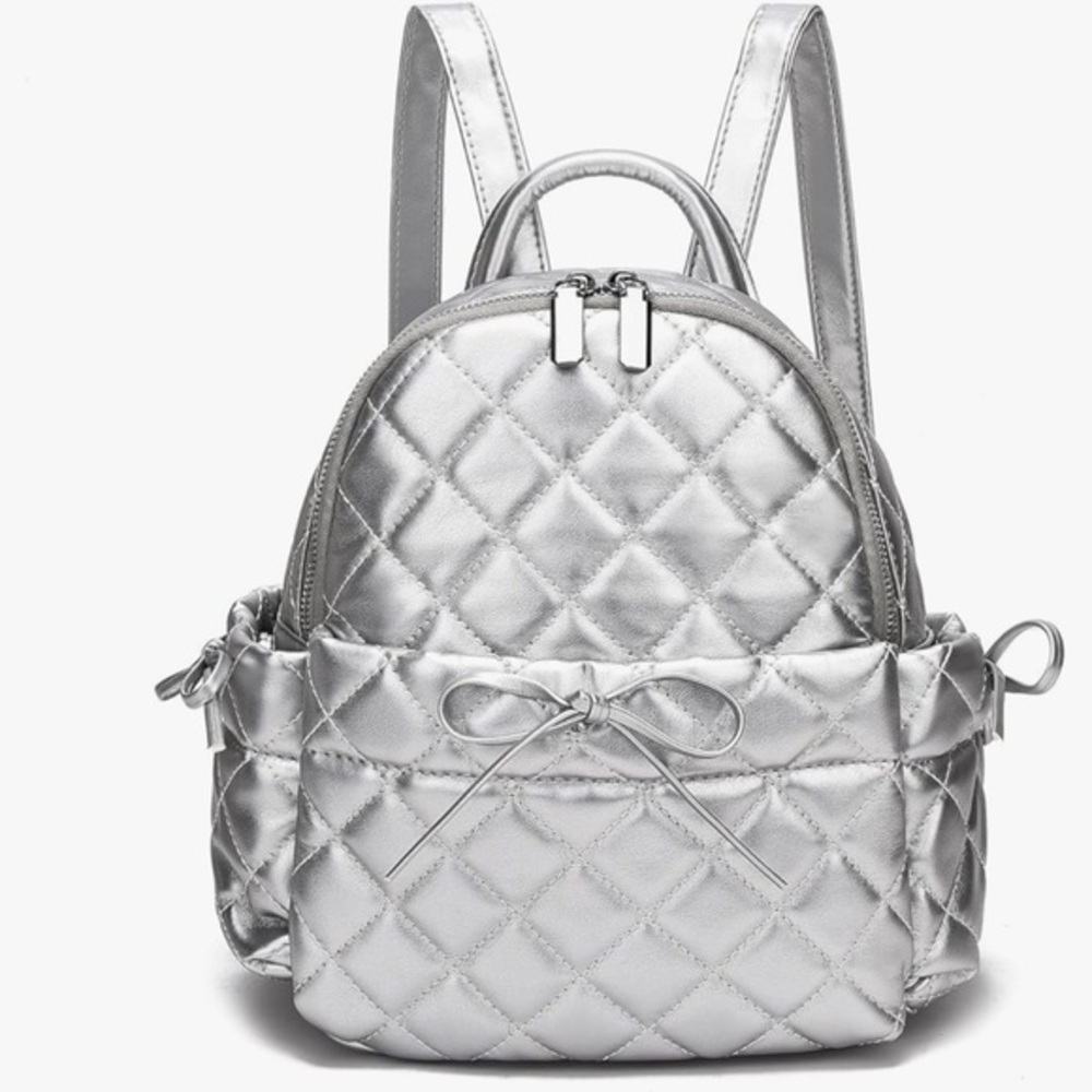 Quilted Metallic Silver Mini Backpack - Brand